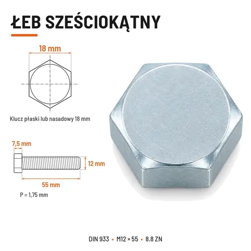 ŚRUBA SZEŚCIOKĄTNA DIN 933 M12X55 KLASA 8.8 OCYNK GALWANICZNY