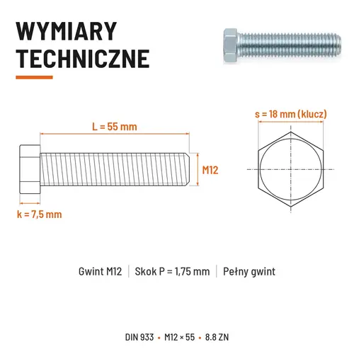 ŚRUBA SZEŚCIOKĄTNA DIN 933 M12X55 KLASA 8.8 OCYNK GALWANICZNY