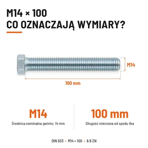 ŚRUBA SZEŚCIOKĄTNA DIN 933 M14X100 KLASA 8.8 OCYNK GALWANICZNY