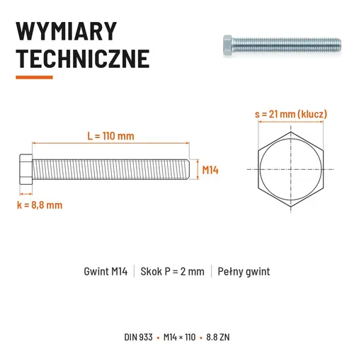 Śruba sześciokątna DIN 933 M14x110 pełny gwint 8.8 ocynkowana