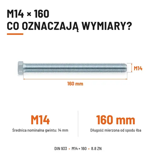 ŚRUBA SZEŚCIOKĄTNA DIN 933 M14X160 KLASA 8.8 OCYNK GALWANICZNY