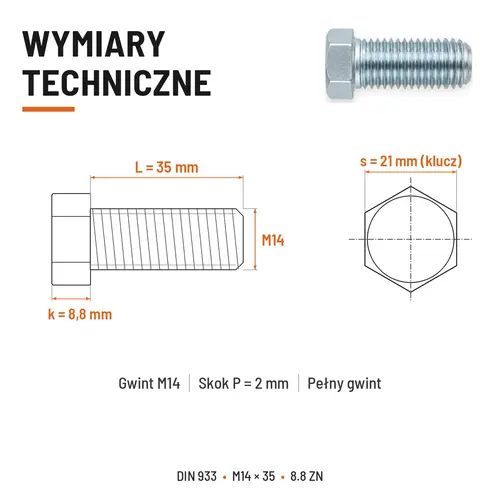 ŚRUBA SZEŚCIOKĄTNA DIN 933 M14X35 KLASA 8.8 OCYNK GALWANICZNY