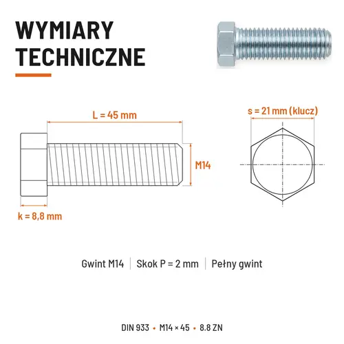 ŚRUBA SZEŚCIOKĄTNA DIN 933 M14X45 KLASA 8.8 OCYNK GALWANICZNY