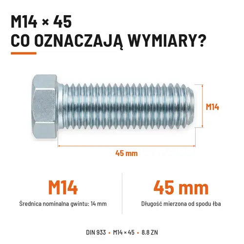ŚRUBA SZEŚCIOKĄTNA DIN 933 M14X45 KLASA 8.8 OCYNK GALWANICZNY