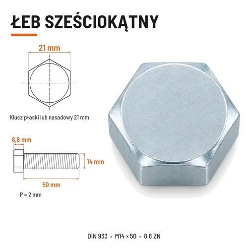ŚRUBA SZEŚCIOKĄTNA DIN 933 M14X50 KLASA 8.8 OCYNK GALWANICZNY
