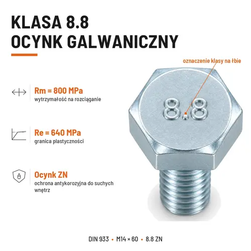 ŚRUBA SZEŚCIOKĄTNA DIN 933 M14X60 KLASA 8.8 OCYNK GALWANICZNY