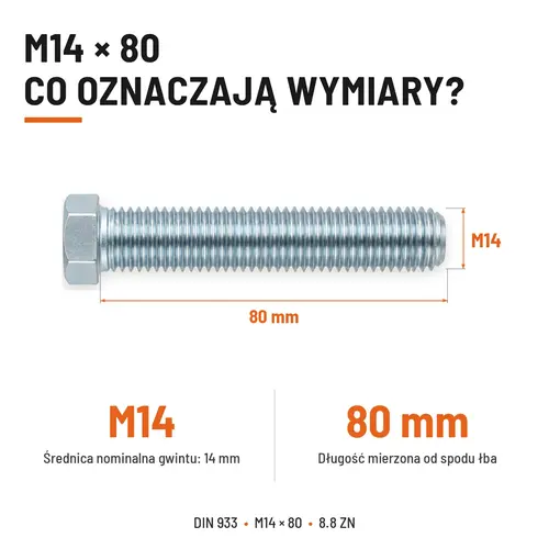 ŚRUBA SZEŚCIOKĄTNA DIN 933 M14X80 KLASA 8.8 OCYNK GALWANICZNY