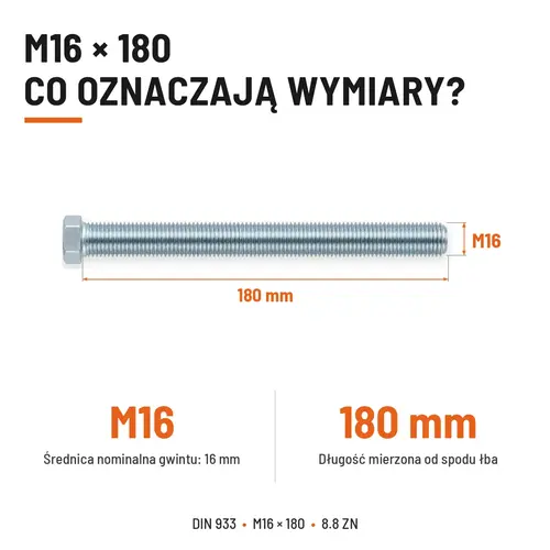 ŚRUBA SZEŚCIOKĄTNA DIN 933 M16X180 KLASA 8.8 OCYNK GALWANICZNY