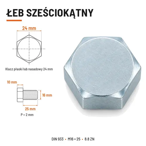 ŚRUBA SZEŚCIOKĄTNA DIN 933 M16X25 KLASA 8.8 OCYNK GALWANICZNY