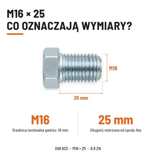 ŚRUBA SZEŚCIOKĄTNA DIN 933 M16X25 KLASA 8.8 OCYNK GALWANICZNY