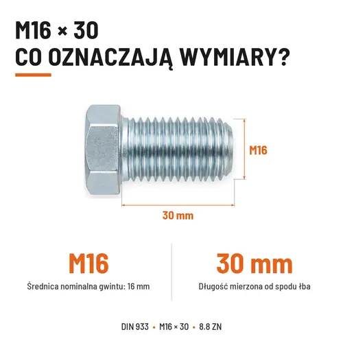 ŚRUBA SZEŚCIOKĄTNA DIN 933 M16X30 KLASA 8.8 OCYNK GALWANICZNY