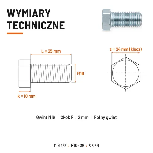 ŚRUBA SZEŚCIOKĄTNA DIN 933 M16X35 KLASA 8.8 OCYNK GALWANICZNY
