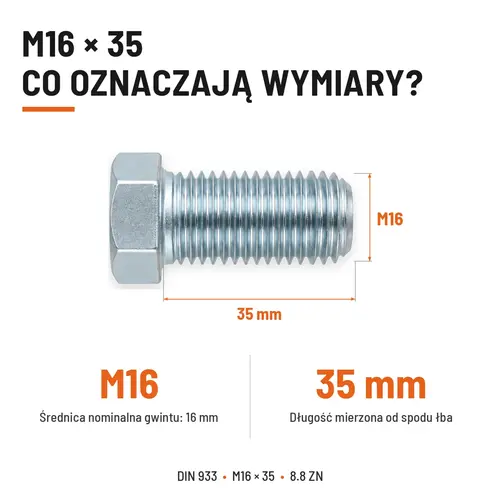 ŚRUBA SZEŚCIOKĄTNA DIN 933 M16X35 KLASA 8.8 OCYNK GALWANICZNY