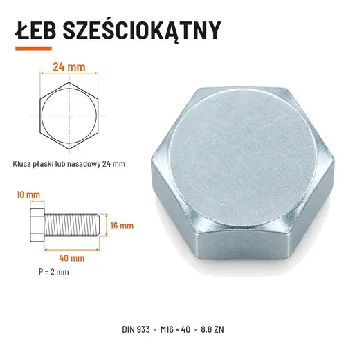 ŚRUBA SZEŚCIOKĄTNA DIN 933 M16X40 KLASA 8.8 OCYNK GALWANICZNY