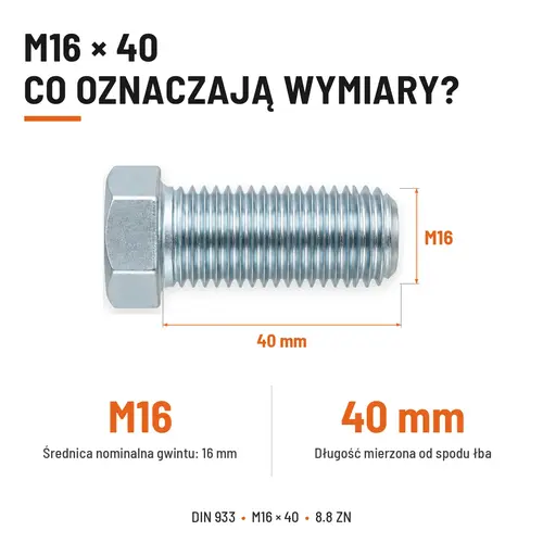 ŚRUBA SZEŚCIOKĄTNA DIN 933 M16X40 KLASA 8.8 OCYNK GALWANICZNY