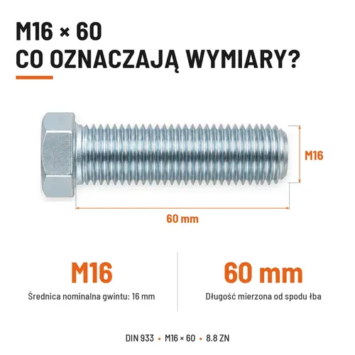 ŚRUBA SZEŚCIOKĄTNA DIN 933 M16X60 KLASA 8.8 OCYNK GALWANICZNY