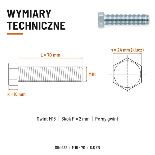 ŚRUBA SZEŚCIOKĄTNA DIN 933 M16X70 KLASA 8.8 OCYNK GALWANICZNY