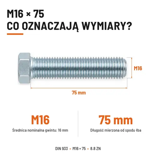 ŚRUBA SZEŚCIOKĄTNA DIN 933 M16X75 KLASA 8.8 OCYNK GALWANICZNY