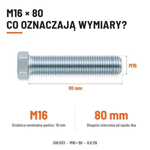 ŚRUBA SZEŚCIOKĄTNA DIN 933 M16X80 KLASA 8.8 OCYNK GALWANICZNY