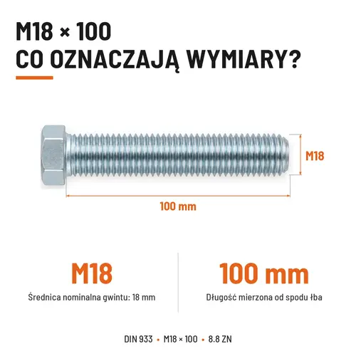 ŚRUBA SZEŚCIOKĄTNA DIN 933 M18X100 KLASA 8.8 OCYNK GALWANICZNY