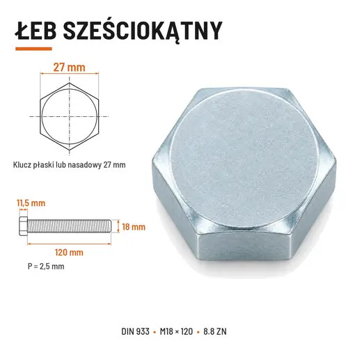 ŚRUBA SZEŚCIOKĄTNA DIN 933 M18X120 KLASA 8.8 OCYNK GALWANICZNY