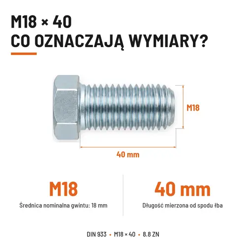 ŚRUBA SZEŚCIOKĄTNA DIN 933 M18X40 KLASA 8.8 OCYNK GALWANICZNY