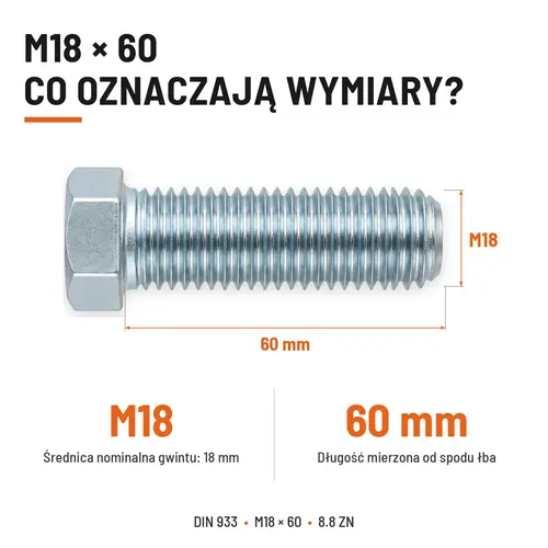 ŚRUBA SZEŚCIOKĄTNA DIN 933 M18X60 KLASA 8.8 OCYNK GALWANICZNY