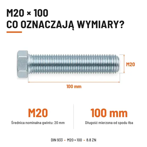 ŚRUBA SZEŚCIOKĄTNA DIN 933 M20X100 KLASA 8.8 OCYNK GALWANICZNY