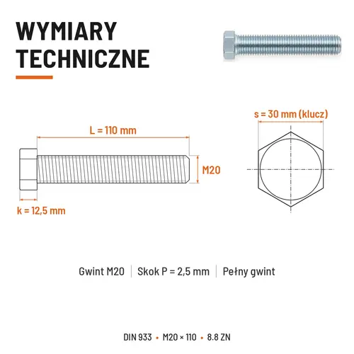 Śruba sześciokątna DIN 933 M20x110 pełny gwint 8.8 ocynkowana