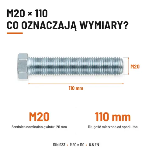 Śruba sześciokątna DIN 933 M20x110 pełny gwint 8.8 ocynkowana