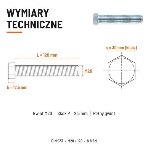 Śruba sześciokątna DIN 933 M20x120 pełny gwint 8.8 ocynkowana