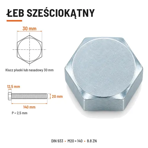 ŚRUBA SZEŚCIOKĄTNA DIN 933 M20X140 KLASA 8.8 OCYNK GALWANICZNY