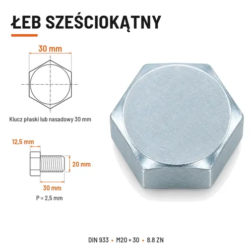 ŚRUBA SZEŚCIOKĄTNA DIN 933 M20X30 KLASA 8.8 OCYNK GALWANICZNY