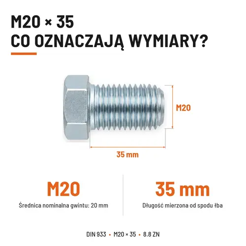 ŚRUBA SZEŚCIOKĄTNA DIN 933 M20X35 KLASA 8.8 OCYNK GALWANICZNY
