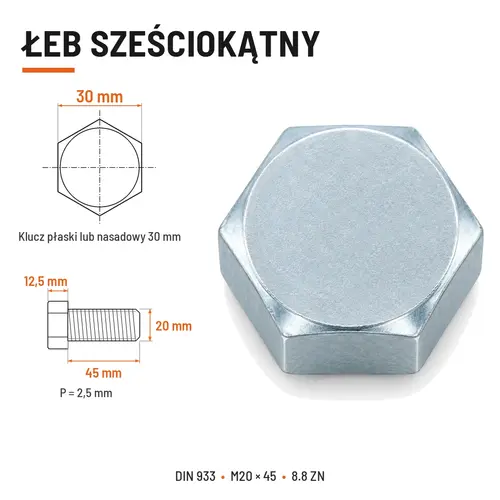 ŚRUBA SZEŚCIOKĄTNA DIN 933 M20X45 KLASA 8.8 OCYNK GALWANICZNY