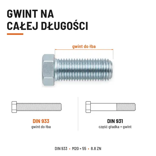 ŚRUBA SZEŚCIOKĄTNA DIN 933 M20X55 KLASA 8.8 OCYNK GALWANICZNY