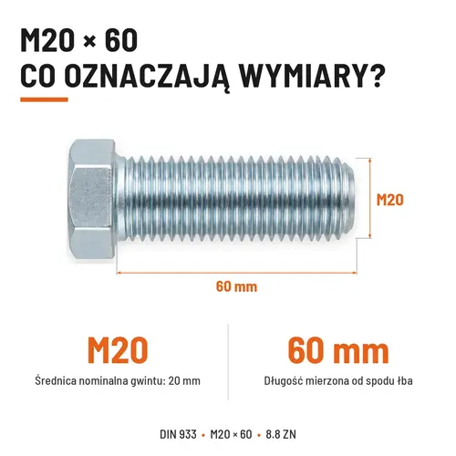 ŚRUBA SZEŚCIOKĄTNA DIN 933 M20X60 KLASA 8.8 OCYNK GALWANICZNY