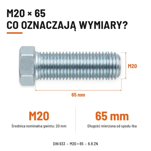 ŚRUBA SZEŚCIOKĄTNA DIN 933 M20X65 KLASA 8.8 OCYNK GALWANICZNY