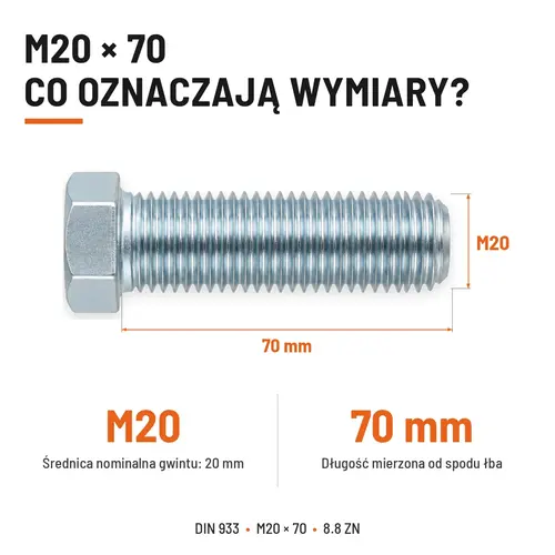 ŚRUBA SZEŚCIOKĄTNA DIN 933 M20X70 KLASA 8.8 OCYNK GALWANICZNY