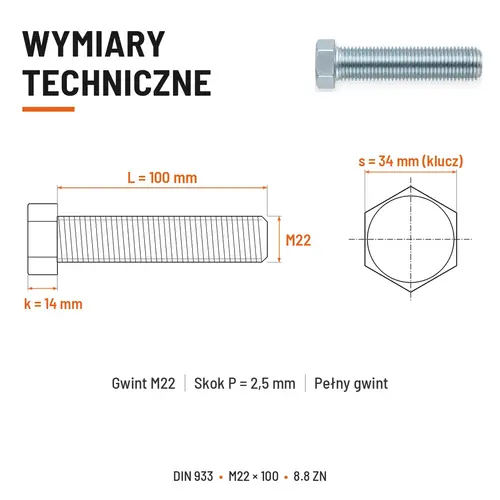 Śruba sześciokątna DIN 933 M22x100 pełny gwint 8.8 ocynkowana