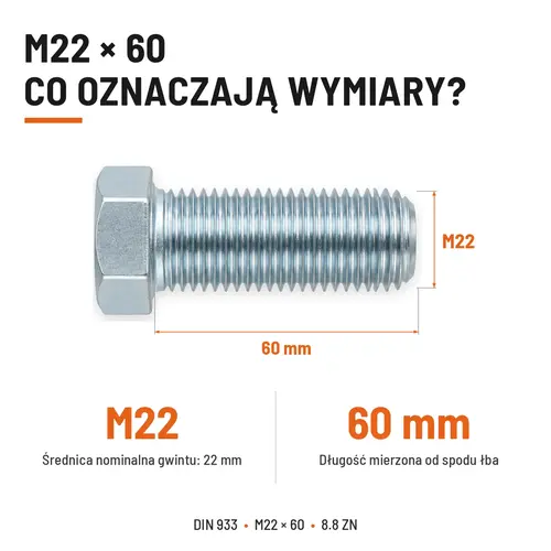 ŚRUBA SZEŚCIOKĄTNA DIN 933 M22X60 KLASA 8.8 OCYNK GALWANICZNY