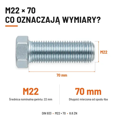 ŚRUBA SZEŚCIOKĄTNA DIN 933 M22X70 KLASA 8.8 OCYNK GALWANICZNY