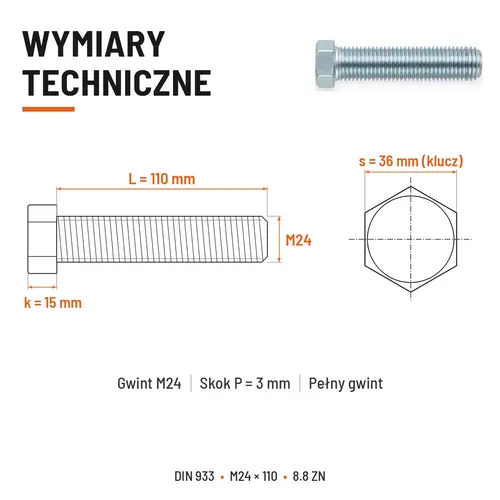 Śruba sześciokątna DIN 933 M24x110 pełny gwint 8.8 ocynkowana