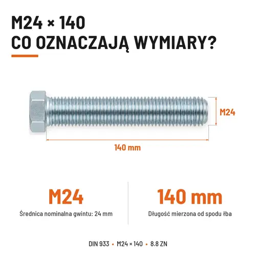 ŚRUBA SZEŚCIOKĄTNA DIN 933 M24X140 KLASA 8.8 OCYNK GALWANICZNY