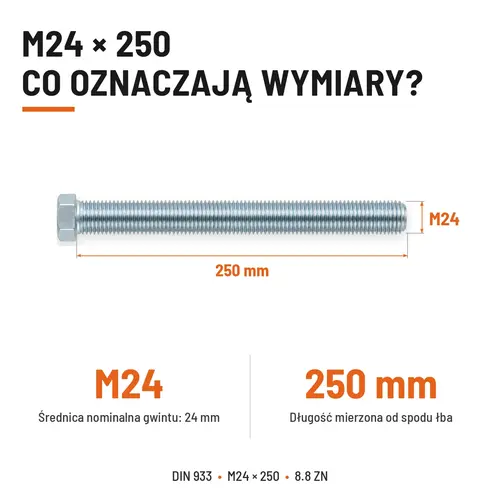 ŚRUBA SZEŚCIOKĄTNA DIN 933 M24X250 KLASA 8.8 OCYNK GALWANICZNY