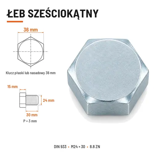 ŚRUBA SZEŚCIOKĄTNA DIN 933 M24X30 KLASA 8.8 OCYNK GALWANICZNY