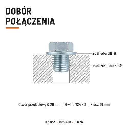 ŚRUBA SZEŚCIOKĄTNA DIN 933 M24X30 KLASA 8.8 OCYNK GALWANICZNY