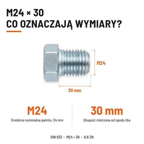 ŚRUBA SZEŚCIOKĄTNA DIN 933 M24X30 KLASA 8.8 OCYNK GALWANICZNY