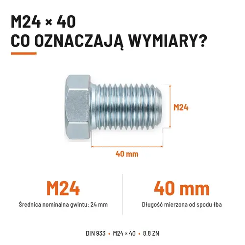 ŚRUBA SZEŚCIOKĄTNA DIN 933 M24X40 KLASA 8.8 OCYNK GALWANICZNY