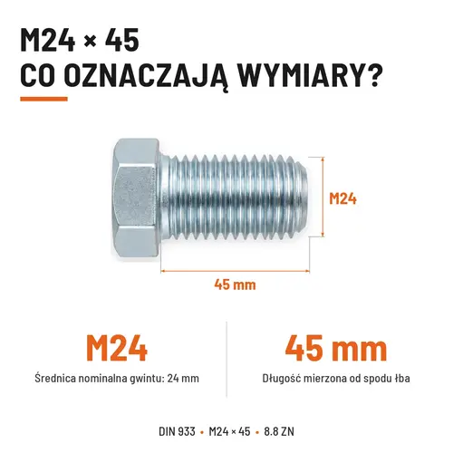 ŚRUBA SZEŚCIOKĄTNA DIN 933 M24X45 KLASA 8.8 OCYNK GALWANICZNY